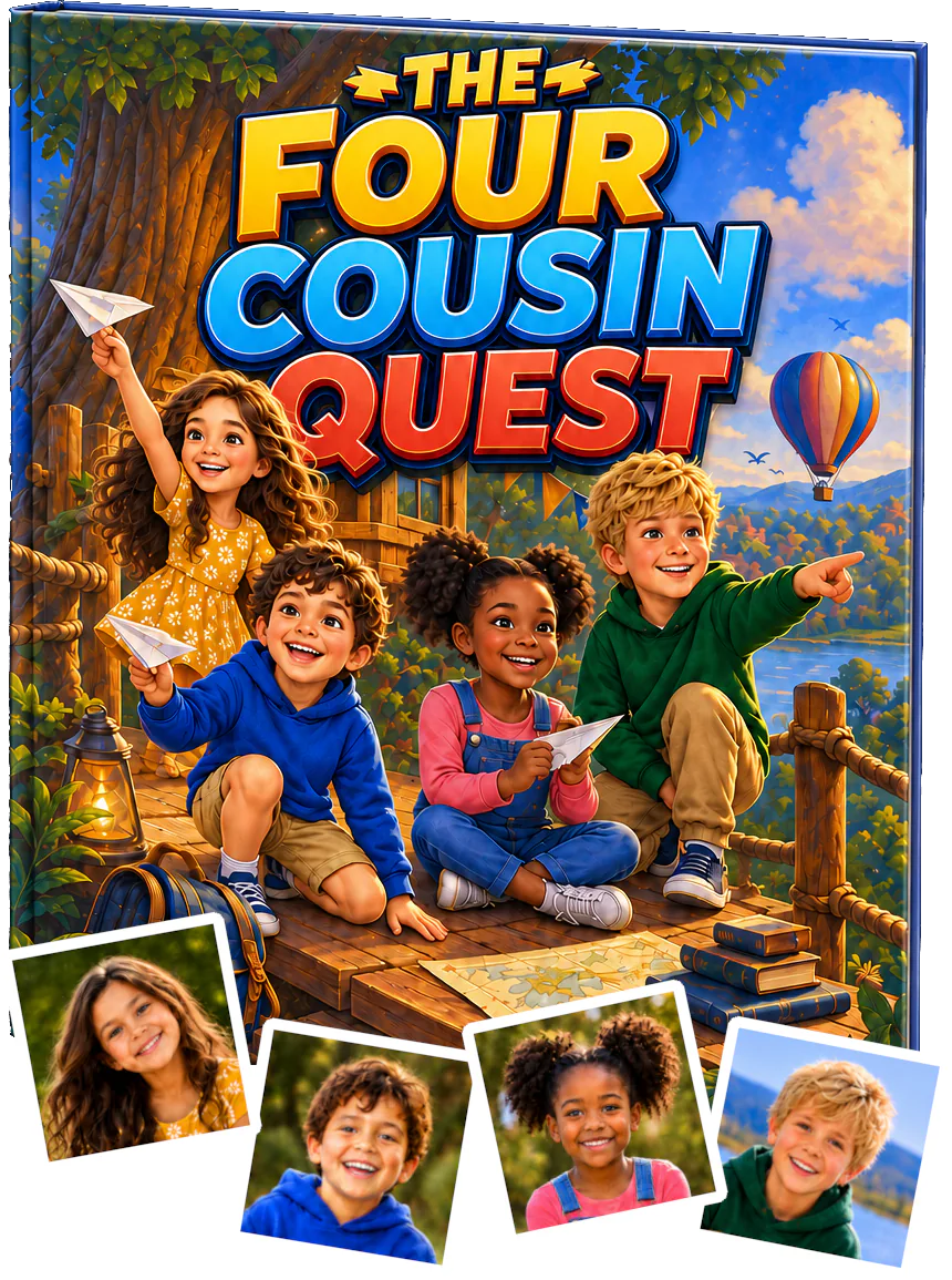 The Four Cousin Quest storybook cover beside the photos of the four children illustrated on it