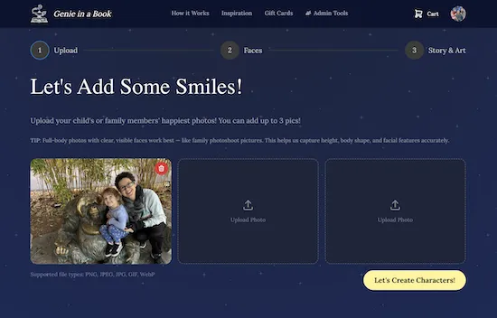 Screenshot of the photo upload screen showing three upload slots. One slot has a photo uploaded with a green face-detection box drawn around the subject.