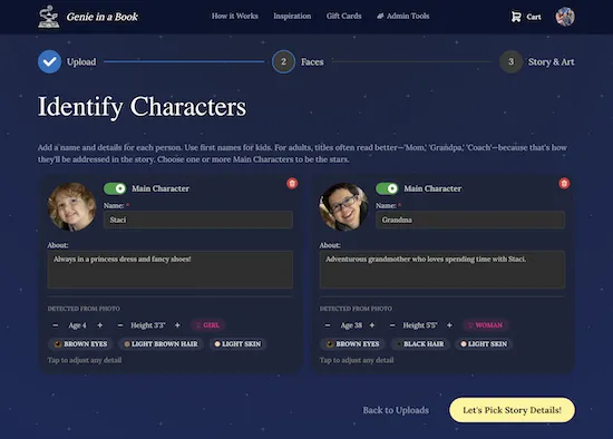 Screenshot of the character setup form showing four face thumbnail cards. Each card has a name field, age input, and a role selector (e.g., Child, Parent, Grandparent). One card is highlighted as "Main Character."