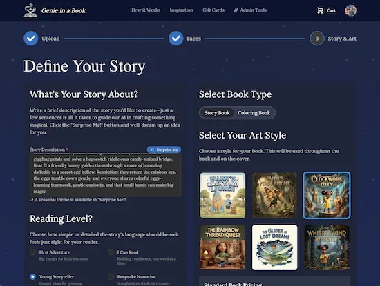 Screenshot of the story definition step showing a story description textarea with a sample prompt, a reading level radio group (Toddler through Chapter Book), and a 2×4 art style picker grid with thumbnail previews of each style (Magical Cartoon, Retro Adventure, 3D Rendered, etc.).