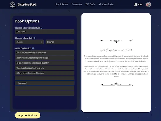 Screenshot of the book customisation screen. A text area shows a dedication message ("For Ellie, who makes every day an adventure."). Below it, a scrollwork picker shows four decorative border styles as thumbnails. A font selector shows two sample typeface pairings side by side.