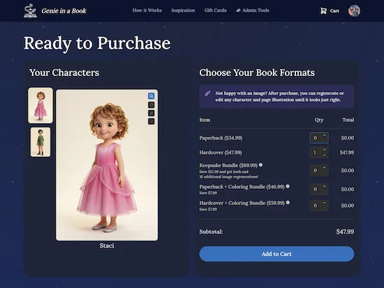 Screenshot of the character preview paywall page. The left panel shows a grid of AI-generated character portraits. The right panel shows format options (Paperback, Hardcover, Bundles) with prices and a "Purchase" CTA button. A subtle "free preview" badge sits above the character grid.