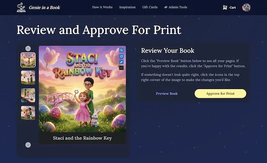 Screenshot of the page illustration approval gallery. A grid shows the book cover plus 13 page thumbnails, each with a small "Regenerate" icon button in the corner. One page is selected and shown full-size with a regeneration input field and an "Approve" button below.