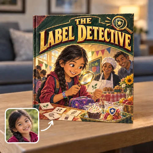 Food allergy book for kids, The Label Detective: a girl checks food labels with a magnifying glass at a bake sale
