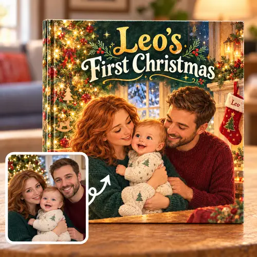 Baby's first Christmas book made from a family photo: Leo's First Christmas, Mom and Dad hold baby Leo by the tree, his new stocking on the mantel