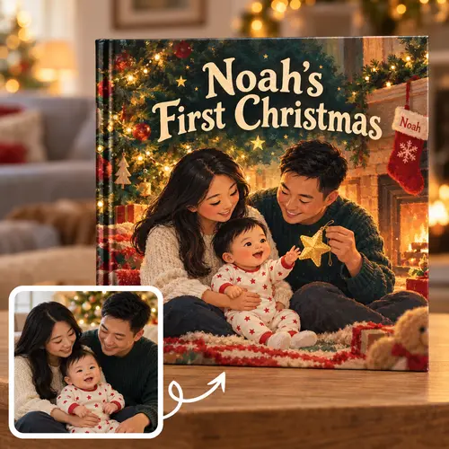 Baby's first Christmas keepsake made from a family photo: Noah's First Christmas, Dad holds up a gold star ornament as baby Noah reaches for it