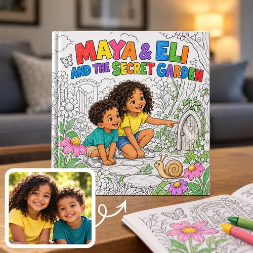 Custom coloring book made from a sibling photo: Maya & Eli and the Secret Garden, the two kids find a fairy door, with an open line-art page and crayons