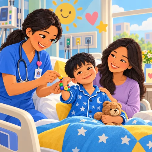 Inside page of a hospital stay book: a nurse adds a new bead to Eli's bracelet as his mom smiles beside the bed