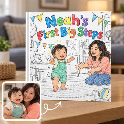 Personalized first birthday book made from a mom and baby photo: Noah's First Big Steps, baby Noah toddles across the rug toward Mom