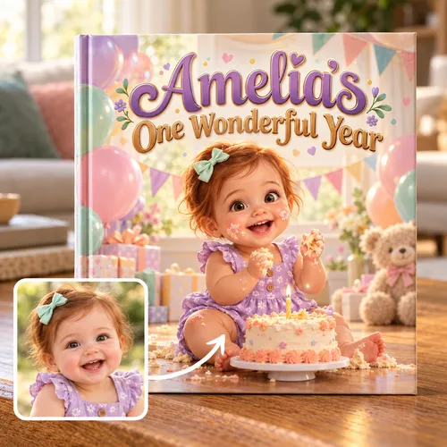 First birthday storybook made from a baby photo: Amelia's One Wonderful Year, Amelia in a lilac romper grins over her smash cake