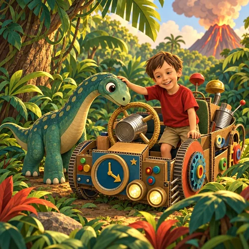 Inside page of a personalized dinosaur book: a friendly dinosaur sniffs Genie's homemade time machine in the jungle