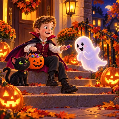 Inside page of a personalized Halloween book: a boy in a vampire cape shares his candy with a friendly ghost