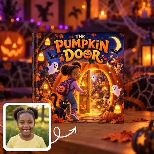 Not-too-scary Halloween book, The Pumpkin Door: a girl steps through a glowing pumpkin doorway with a black cat