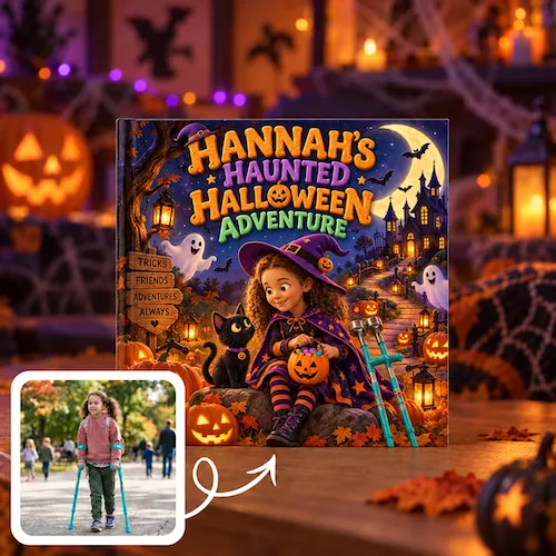 Halloween storybook, Hannah's Haunted Halloween Adventure: a girl in a witch costume with a black cat and jack-o'-lanterns