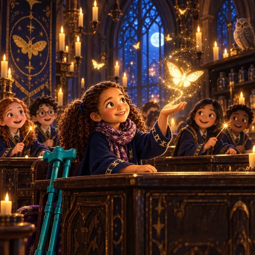 Inside page of a magic school book: Hannah's first spell lifts a glowing moth from her palm in a candlelit classroom