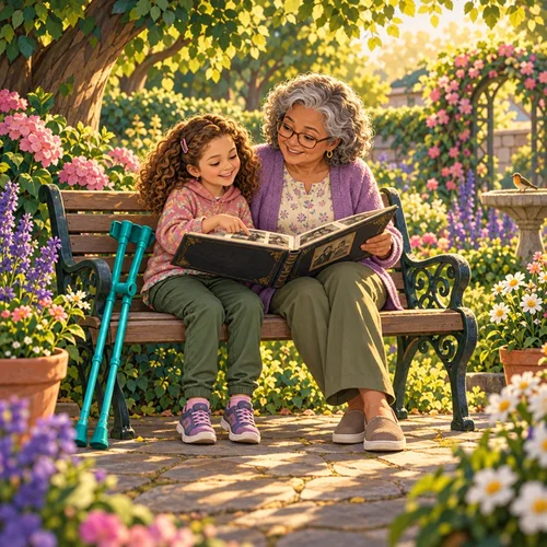 Inside page of a diverse personalized book: Hannah looks through a photo album with her grandmother in the garden