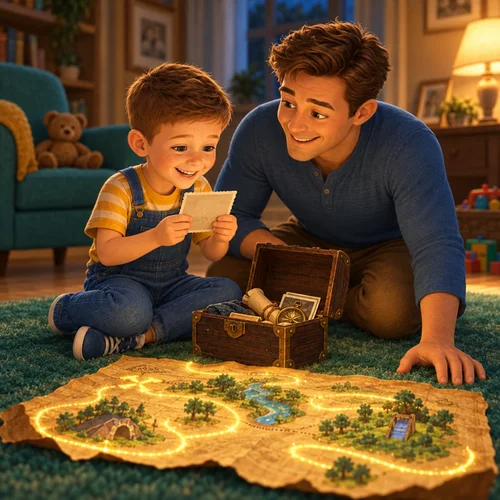 Inside page of a personalized Father's Day book: Jackson and his dad find an old photo in the treasure box