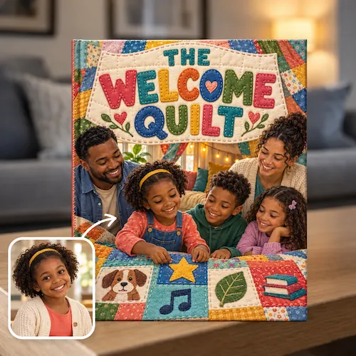 Blended family book, The Welcome Quilt: parents and kids gather around a patchwork quilt, drawn from a girl's photo