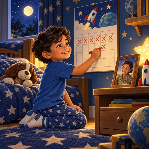 Inside page of a deployment book for kids: Jose marks off a calendar day beside a photo of his mom in uniform