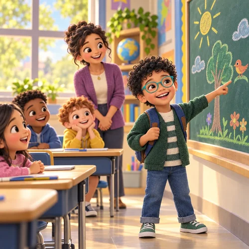 Inside page of a book about getting glasses: Kai points at the classroom board, reading it clearly for the first time
