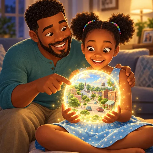 Inside page of a Grandparents Day book: Keisha and her grandpa see his childhood town inside a glowing globe