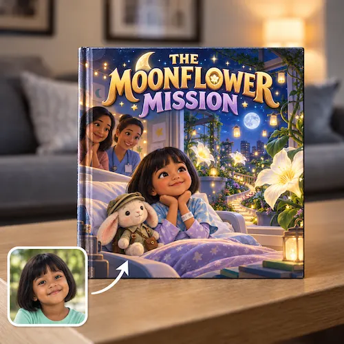 Hospital stay book, The Moonflower Mission: a girl rests in her hospital bed with a plush bunny as nurses look on