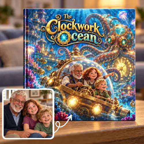 A family photo of a grandfather and two grandchildren turned into a custom book: The Clockwork Ocean, the three of them steering a brass submarine