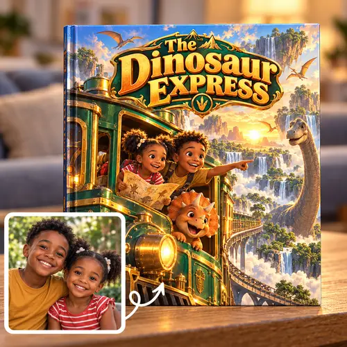 A photo of a brother and sister turned into their own adventure: The Dinosaur Express, the two leaning out of a steam train window with a map and a baby triceratops