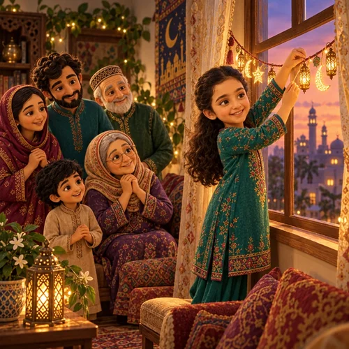 Inside page of a personalized Eid book: Maliha hangs a glowing Eid garland in the window as her family watches