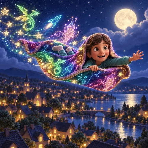 Inside page of a personalized bedtime story book: Mateo flies his glowing stitched blanket over a sleeping town at night