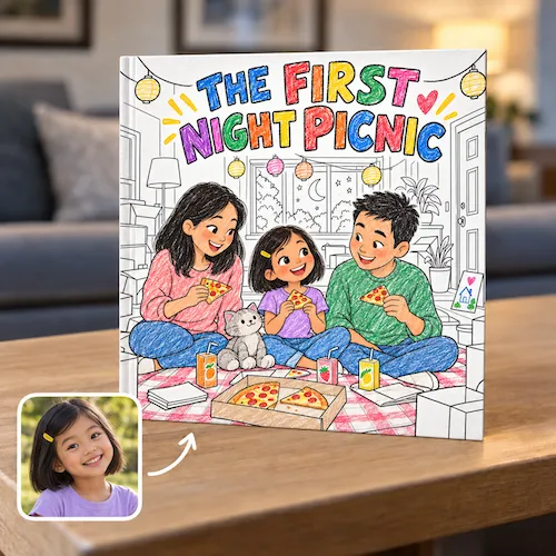 Coloring-style moving book, The First Night Picnic: a family eats pizza on the floor of their new home