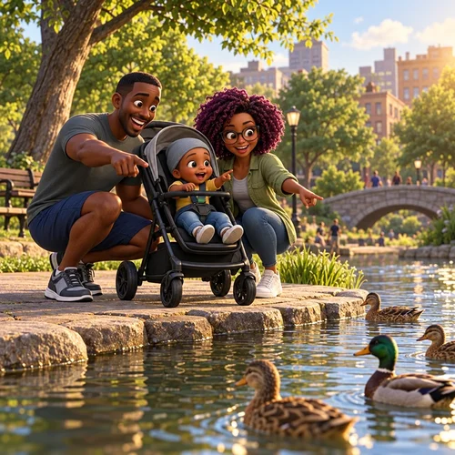 Inside page of a personalized new baby book: two parents point out ducks to their baby in a stroller by the pond