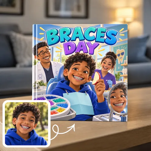 Book about braces, Braces Day: a boy grins with his new braces at the orthodontist, drawn from his photo