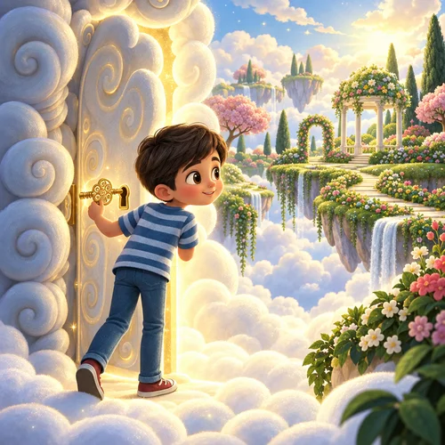 Storybook page made from a child's photo: Noah turns a golden key in a cloud door that opens onto a sky garden