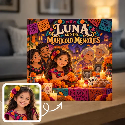 Personalized Día de los Muertos book: a girl arranges marigolds on her family's ofrenda, surrounded by parents, sister, and grandparents