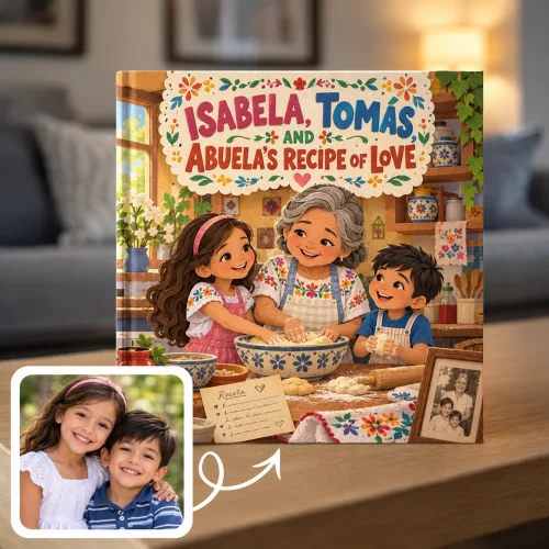 Día de los Muertos storybook: a sister and brother knead dough with their abuela in her kitchen, her handwritten recipe on the table