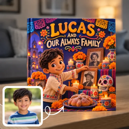 Día de los Muertos keepsake book: a boy sets framed photos of his grandparents on an ofrenda with marigolds, candles, pan de muerto, and a sugar skull