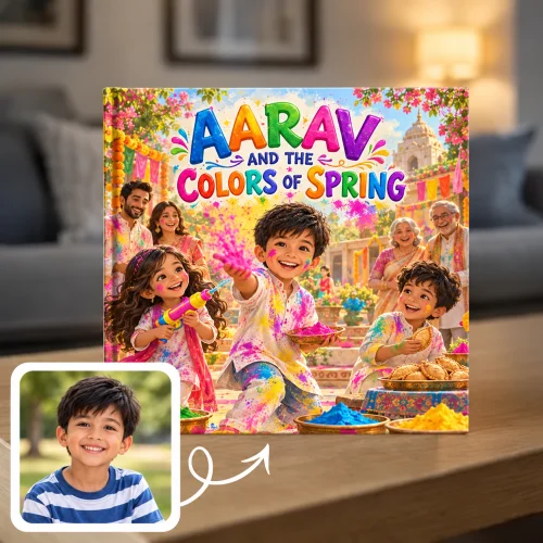 Personalized Holi book: a boy tosses pink gulal with his sister and brother as parents and grandparents laugh, bowls of color and gujiya nearby