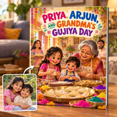 Holi storybook: a sister and brother fold gujiya with their grandmother, bowls of colored gulal on the table