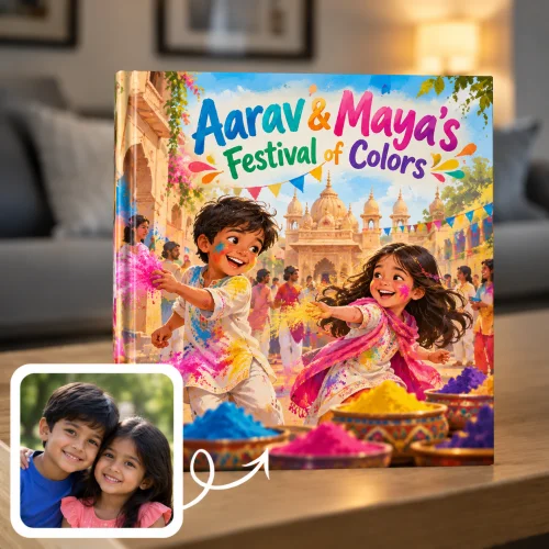 Holi keepsake book: a brother and sister throw colored powder in a crowded street outside a temple