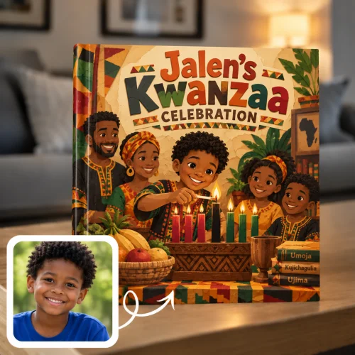 Personalized Kwanzaa book: a boy lights the black center candle of the kinara as his parents and siblings look on