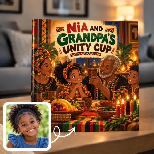 Kwanzaa storybook: a girl watches her grandfather raise the unity cup at the karamu feast, the kinara lit beside them