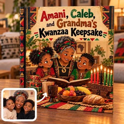 Kwanzaa keepsake book: a grandmother reads to her granddaughter and grandson beside the lit kinara, the unity cup and gifts on the mkeka