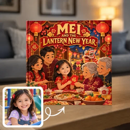 Personalized Lunar New Year book: a girl in a red qipao takes a red envelope from her grandmother at the reunion dinner, a lion dance outside