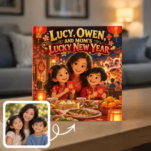 Lunar New Year storybook: a sister and brother hold up red envelopes with their mom at the reunion dinner, dumplings and fish on the table