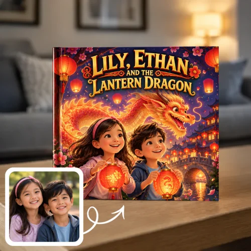 Lunar New Year keepsake book: a sister and brother carry paper lanterns as a glowing dragon flies over the lantern-lit town