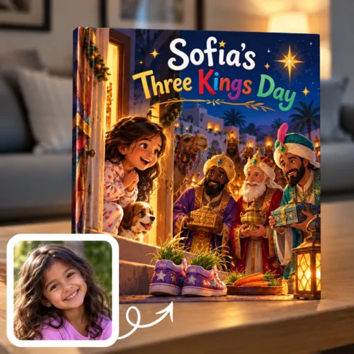 Personalized Three Kings Day book: a girl in pajamas peeks out the door at the Three Kings, her shoes filled with grass on the step