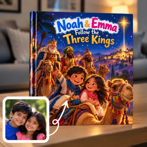 Three Kings Day storybook: a brother and sister ride a camel with the Three Kings, following the star to Bethlehem
