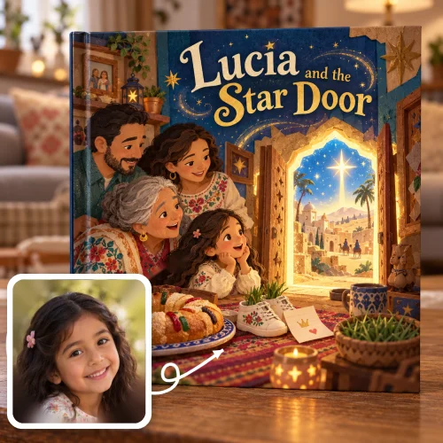 Three Kings Day keepsake book: a girl and her family look through a glowing doorway toward the star, a rosca and grass-filled shoes on the table