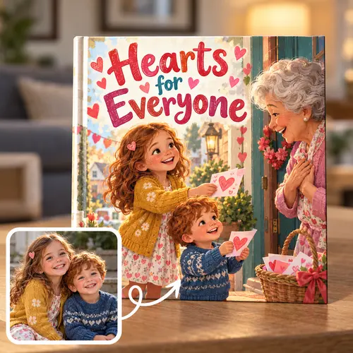 Personalized Valentine's Day book made from a sibling photo: Hearts for Everyone, a sister and little brother hand heart cards to Grandma at her door